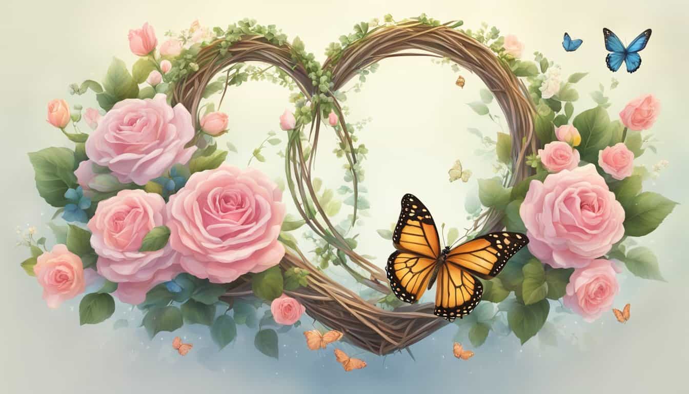 A heart-shaped halo hovers above two intertwined rings, surrounded by blooming roses and fluttering butterflies