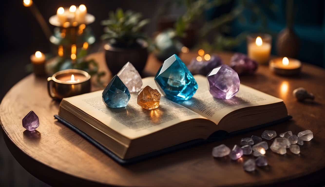 A table with various crystals arranged neatly, a book open to a page on crystal healing, and a warm, inviting atmosphere