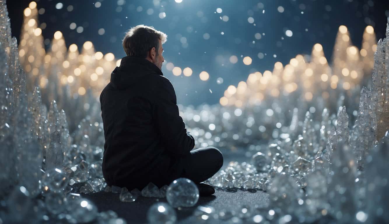 A solitary figure sits among shimmering crystals, surrounded by a sense of isolation and longing