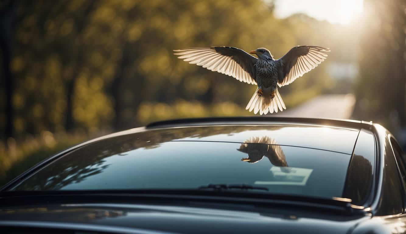A bird lands gracefully on a car, its wings outstretched, as if offering a message of peace and guidance from the spiritual realm