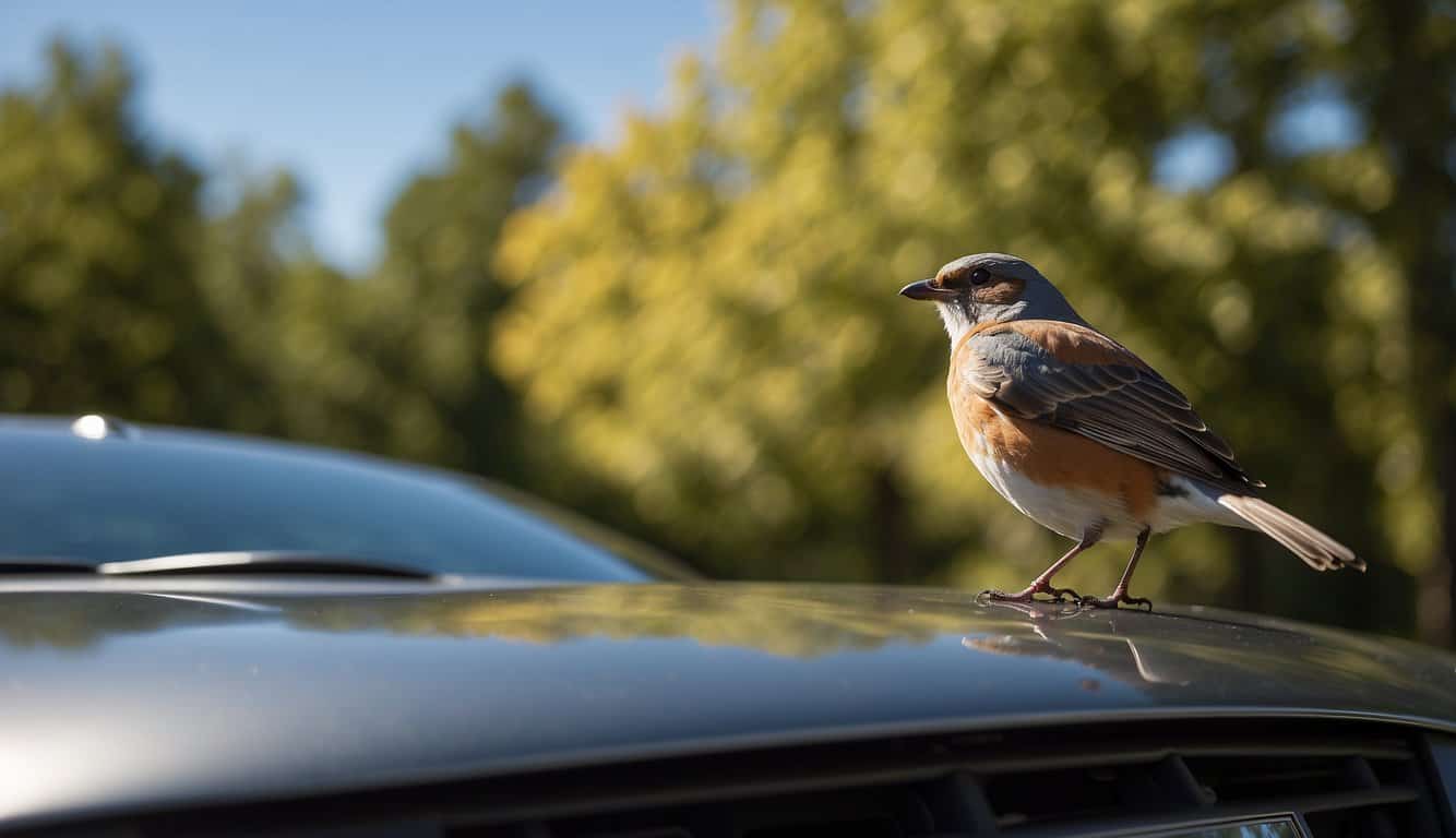 A bird perches on a car hood, its wings resting. The car is parked in a serene, natural setting, with trees and blue skies in the background
