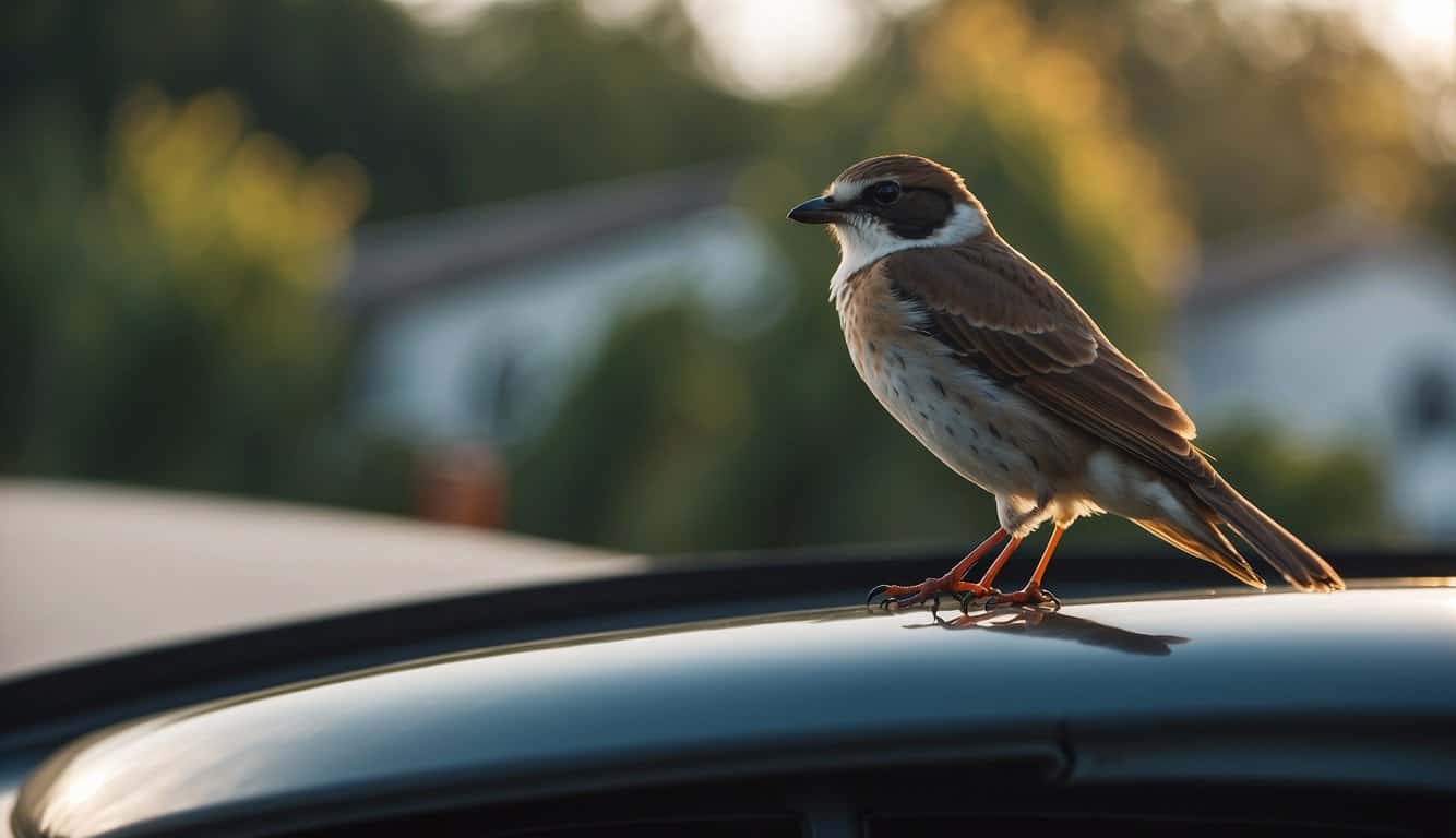 A bird perches on a car roof, wings outstretched, as if delivering a message from the spiritual realm