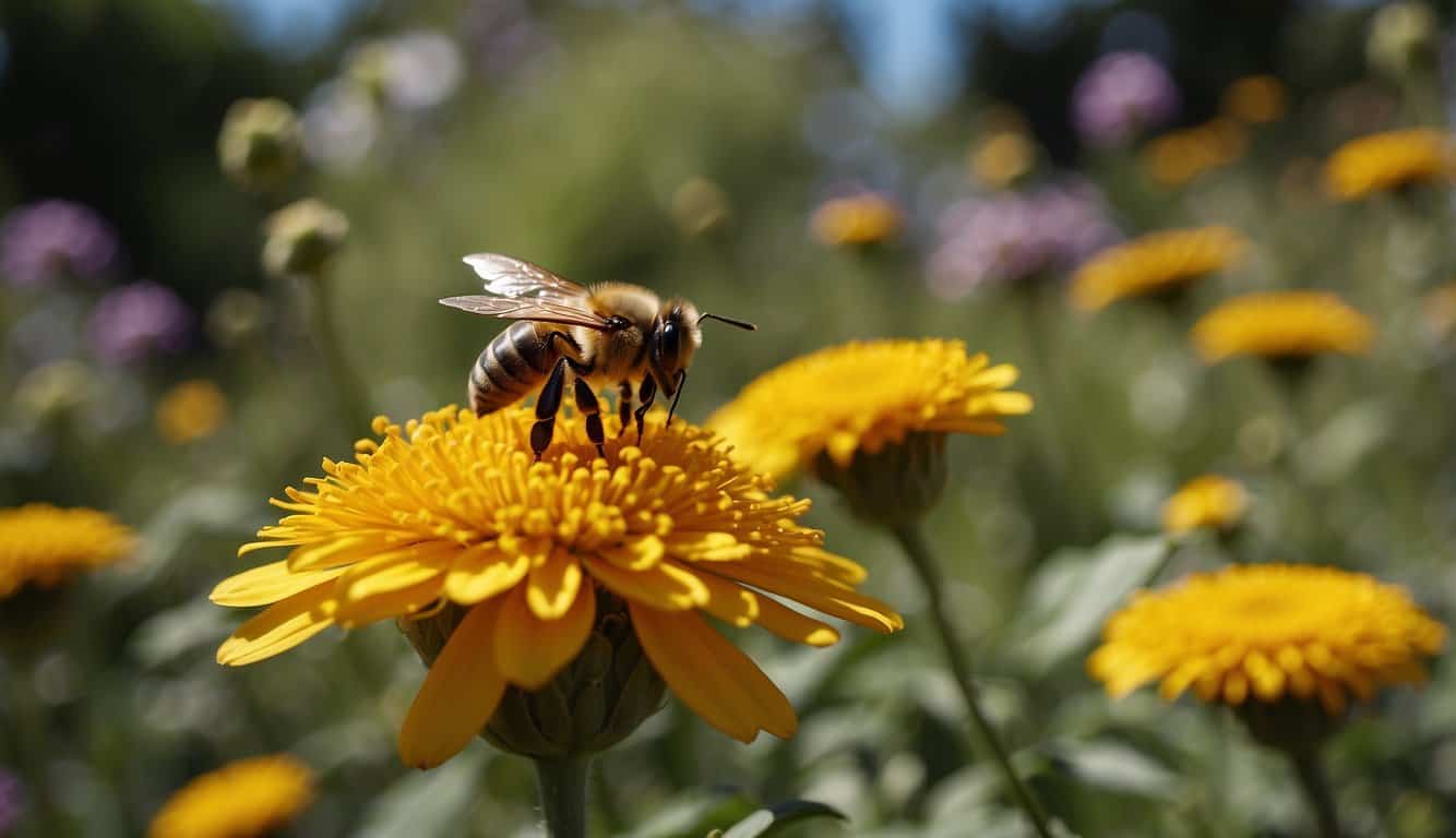 Bees buzzing around a vibrant garden, pollinating flowers. A bee sting on a flower symbolizes the spiritual growth and interconnectedness of all living things