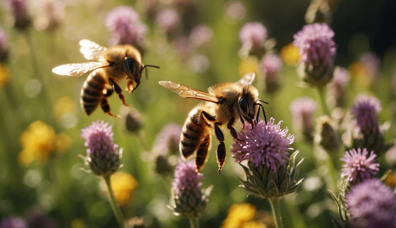 Bees buzzing around a vibrant garden, hovering near blooming flowers. A bee stinging a plant, releasing a burst of energy