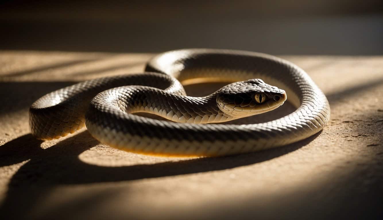 A snake slithers gracefully through a sunlit room, its sinuous form casting mesmerizing shadows on the walls. The air is charged with a sense of mystery and spiritual significance