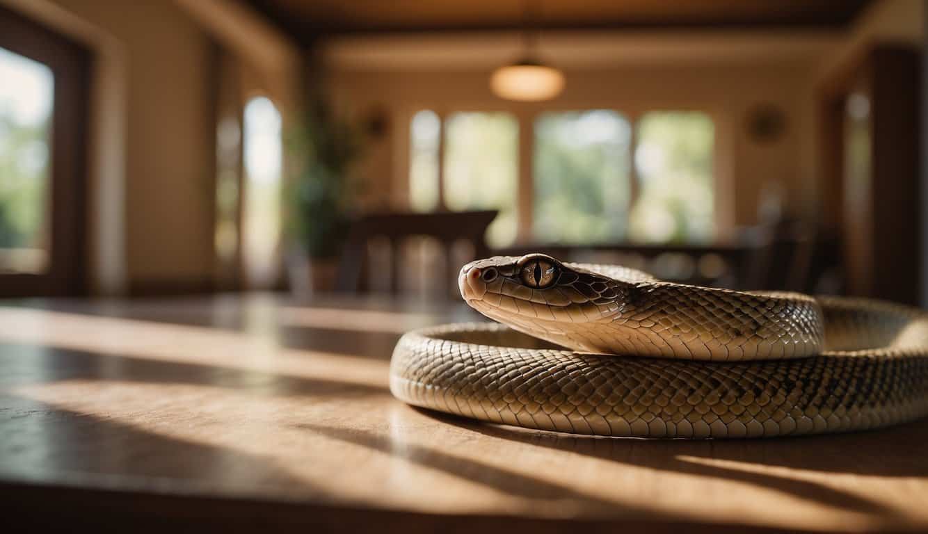 A snake slithers through a sunlit room, its sinuous body weaving through the air. Its eyes gleam with a sense of ancient wisdom, embodying the spiritual significance of a snake in the house