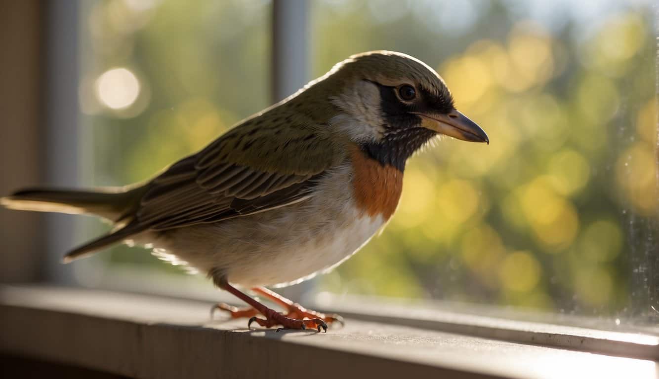 A bird pecks at a window, its beak tapping against the glass. The sun shines brightly, casting a warm glow around the bird