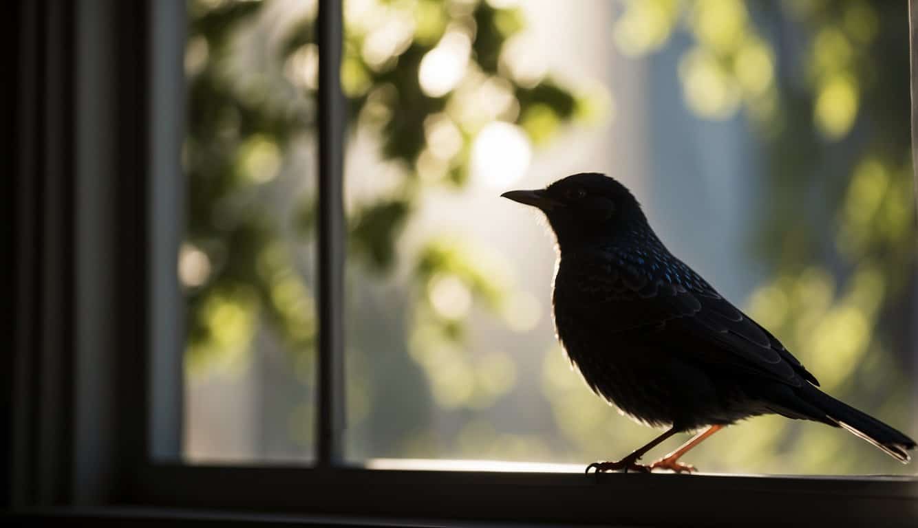 A bird pecks at a window, its feathers ruffled. The sunlight casts a shadow of the bird's silhouette on the glass, creating an eerie and mysterious atmosphere