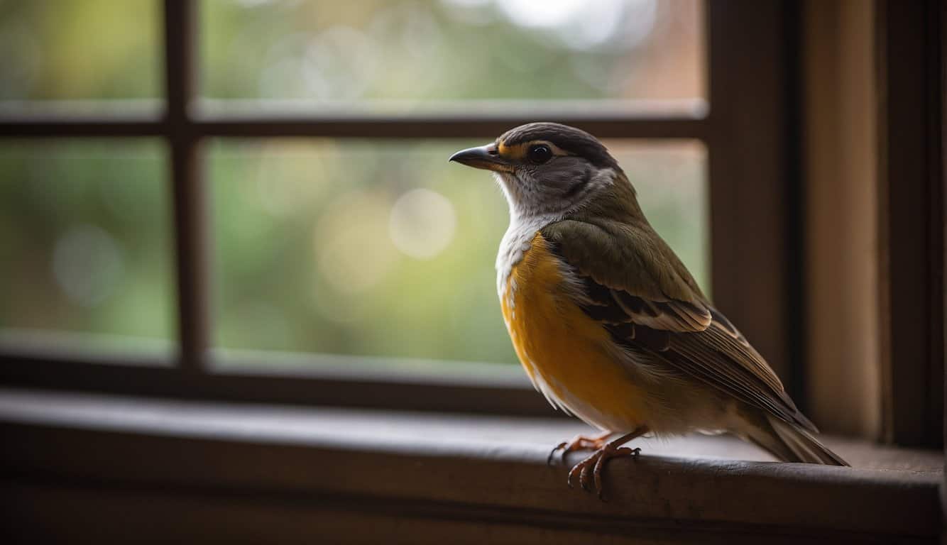 A bird pecks at a window, surrounded by symbols of cultural beliefs and spirituality