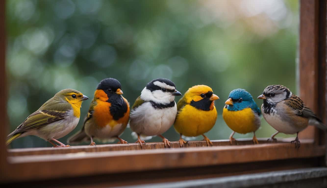Several birds of different species pecking at a window, each with its own spiritual significance