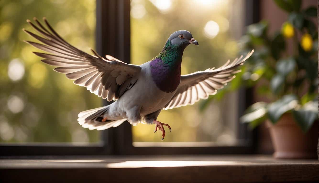 A pigeon flies through an open window, bathed in warm sunlight, landing gracefully on a table with a sense of peace and tranquility in the air