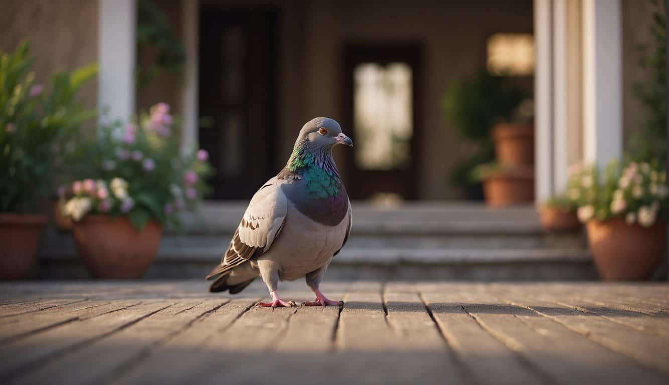 A pigeon enters a peaceful home, symbolizing spiritual guidance and inner peace. Its gentle presence brings a sense of harmony and connection to the divine