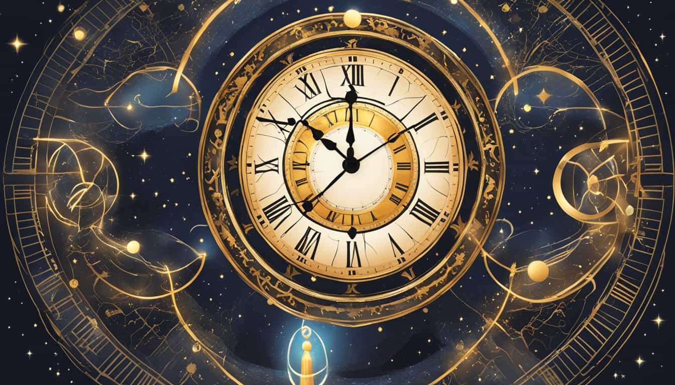 A glowing clock reads 02:20. A celestial figure hovers above, surrounded by ethereal symbols and numbers