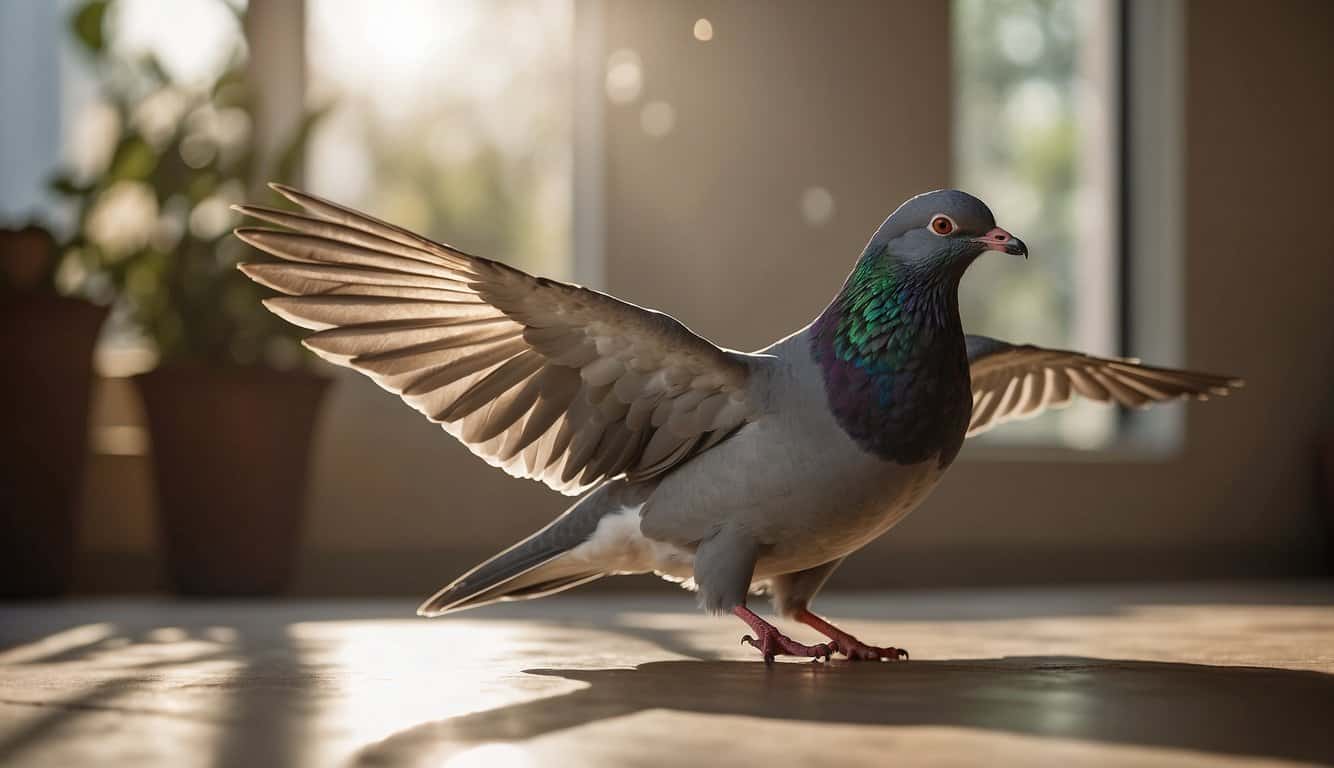 A pigeon enters a sunlit room, casting a shadow on the floor. Its wings are outstretched, and it appears to be gazing around the space with curiosity and calmness