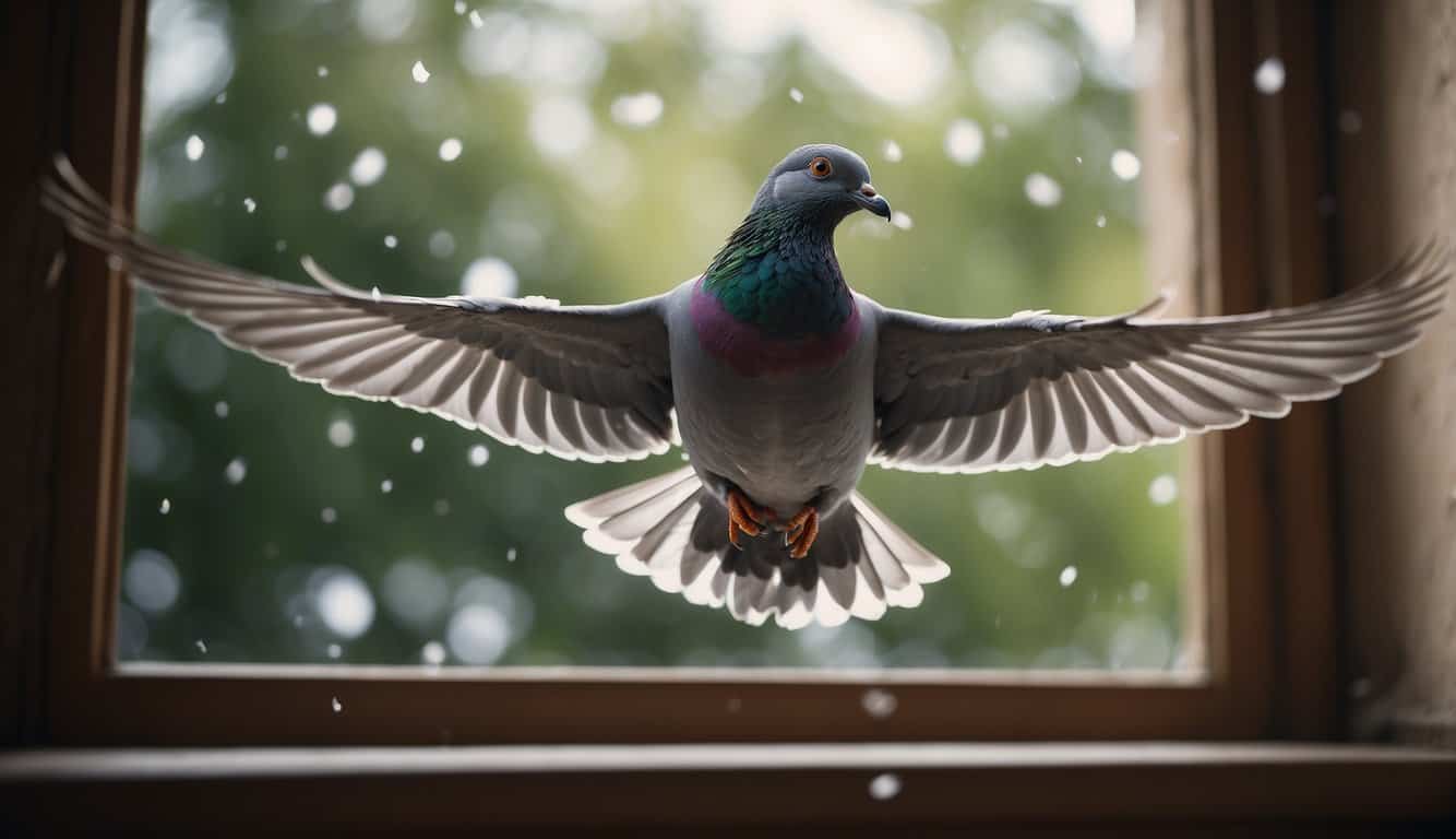 A pigeon flies through an open window, carrying a sense of peace and spiritual significance as it enters the house