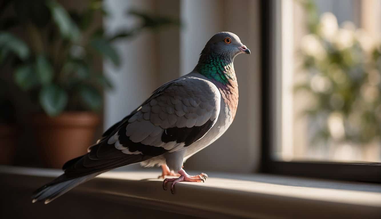 A pigeon perched on a windowsill, bathed in soft sunlight, with an aura of peace and wisdom emanating from its presence