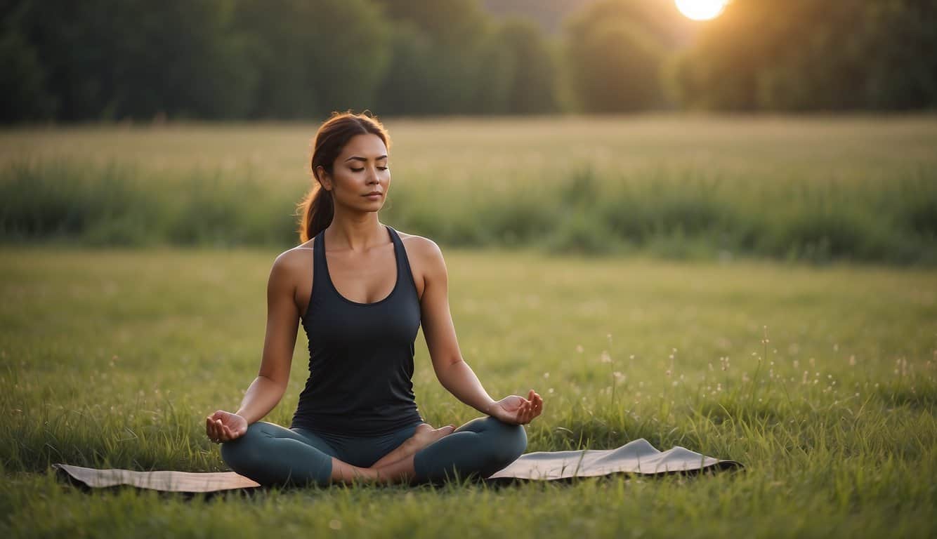 A person practicing yoga on a grassy field, without a mat, surrounded by nature