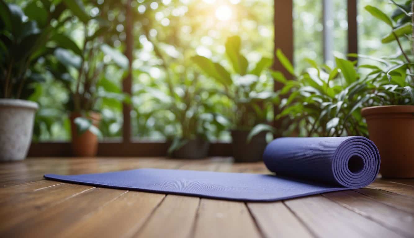 A colorful yoga mat lies on a wooden floor, surrounded by serene, natural elements like plants and a water fountain, creating a peaceful and inviting space for yoga practice