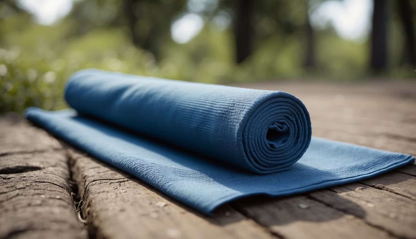 A yoga mat lies flat on the ground, while a yoga towel is draped over it, ready for use
