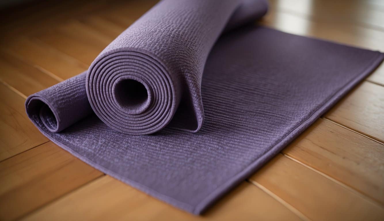 A yoga mat lies flat on the floor, its textured surface providing grip. Next to it, a yoga towel with a soft, absorbent texture