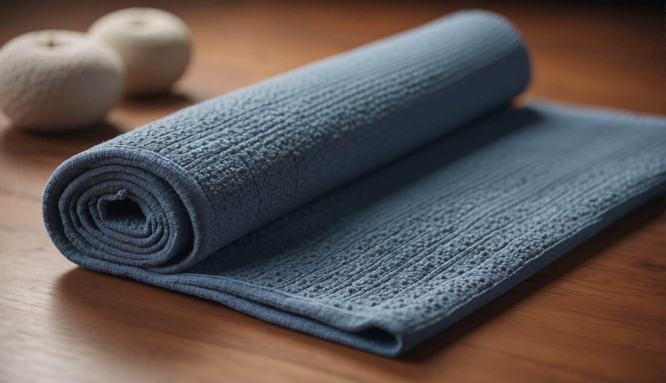 A yoga mat and yoga towel lay side by side, showcasing their respective features and benefits for a yoga practice