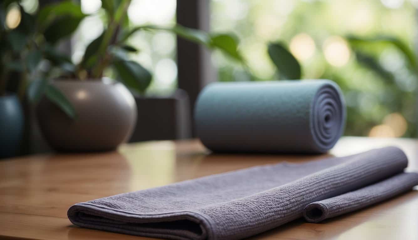 A yoga mat and yoga towel sit side by side, clean and well-maintained, ready for use in a peaceful and serene yoga studio
