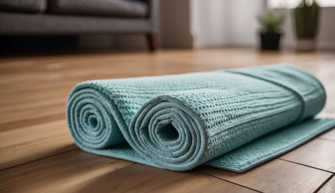 A yoga mat and towel lay side by side on a wooden floor, ready for a yoga session. The mat is thick and cushioned, while the towel is soft and absorbent