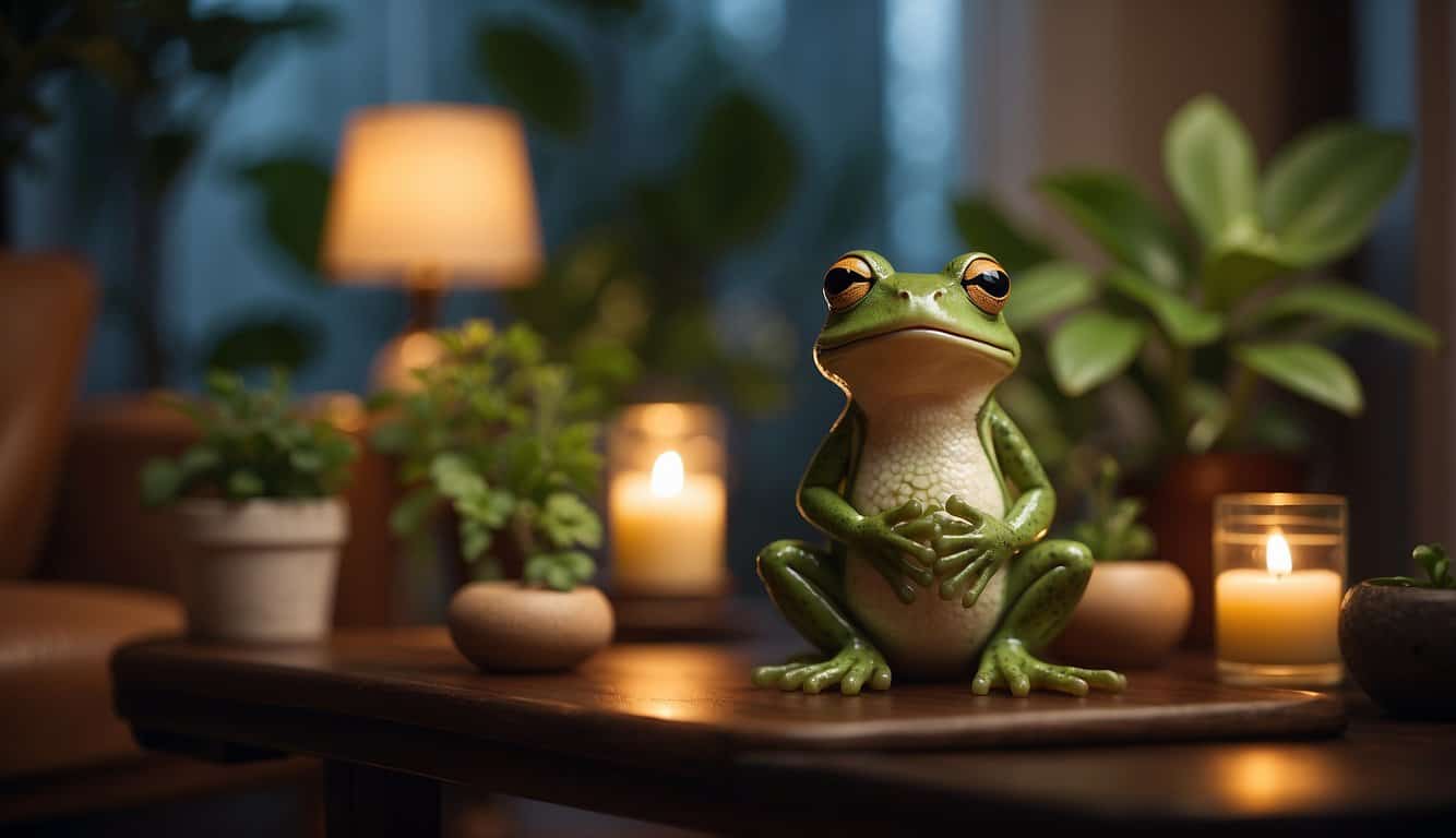 A frog sits in a cozy living room, surrounded by warm light and potted plants, symbolizing spiritual protection and transformation