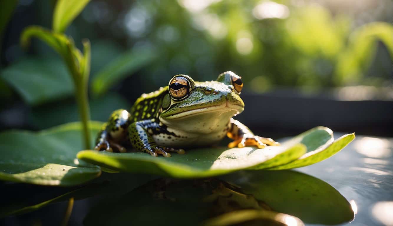 A frog sits on a lily pad in a cozy, sunlit corner of a home, surrounded by lush green plants. Its presence brings feelings of peace, harmony, and abundance