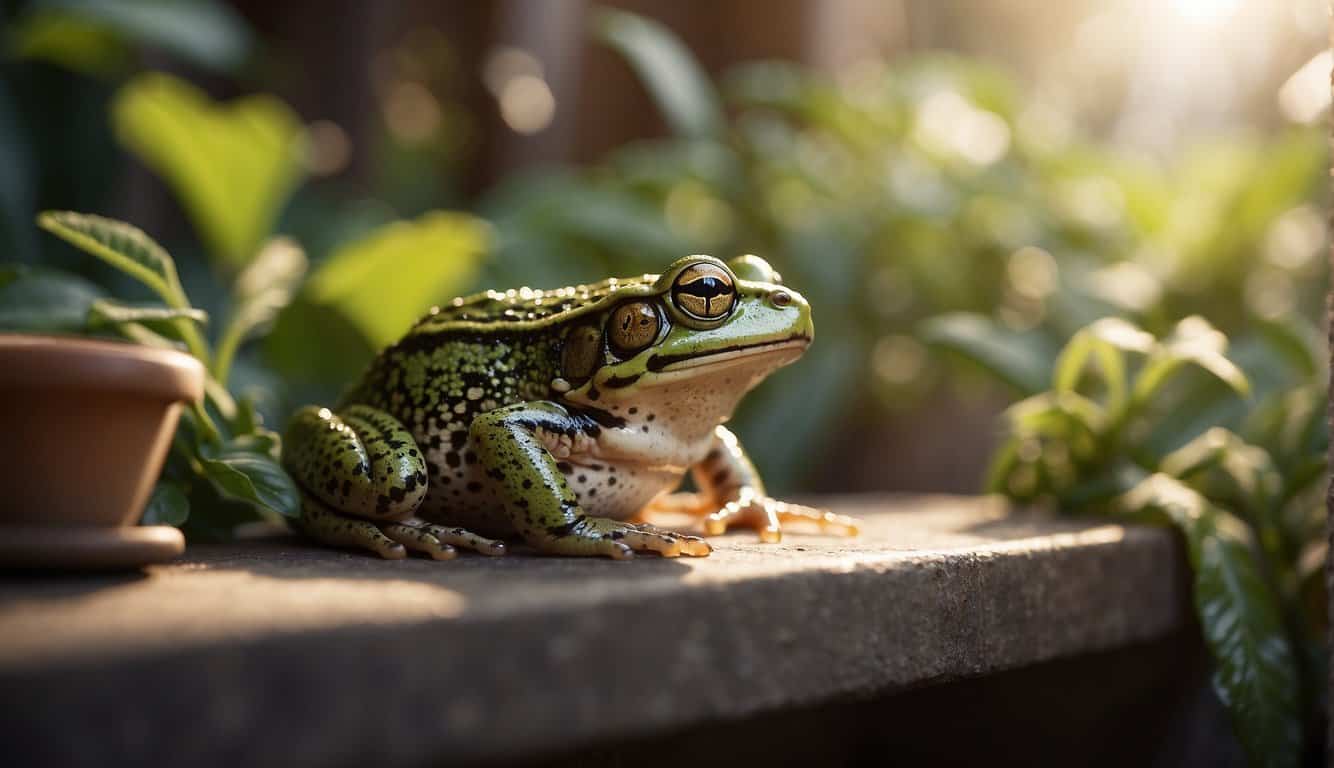 A frog sits calmly in a sunlit corner of a cozy house, surrounded by plants and natural elements. Its serene presence exudes a sense of peace and connection to the earth