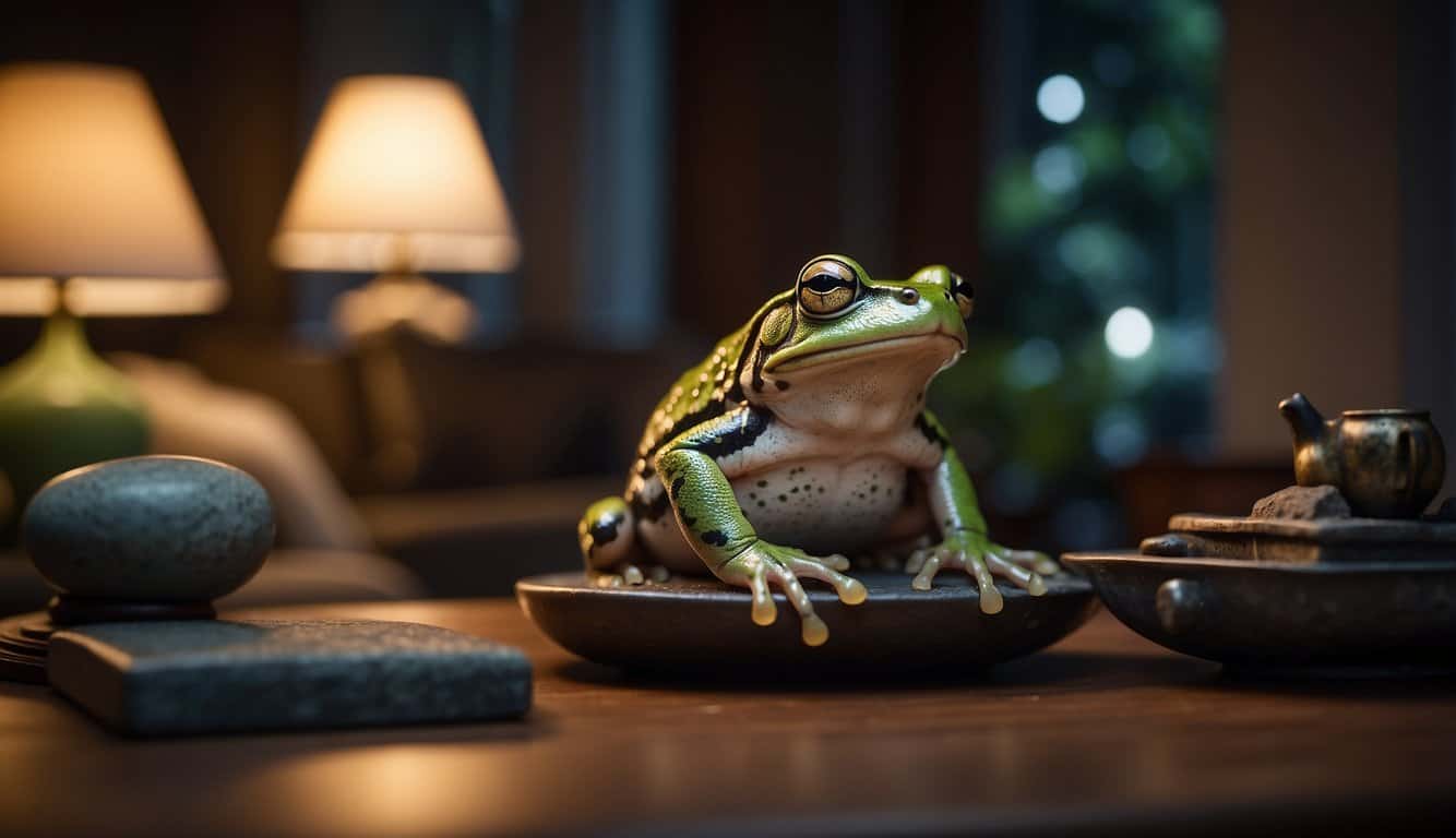 A frog sits in a cozy, dimly lit living room, surrounded by symbolic artifacts. Its presence brings a sense of tranquility and spiritual connection to the space