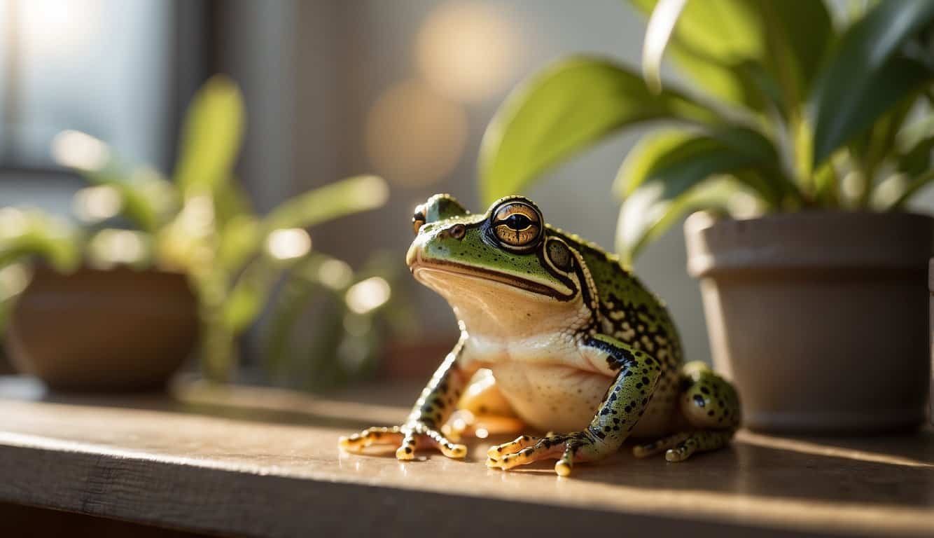 A frog sits in a sunlit room, surrounded by symbols of personal growth and reflection. Its presence brings a sense of spiritual meaning and transformation to the space