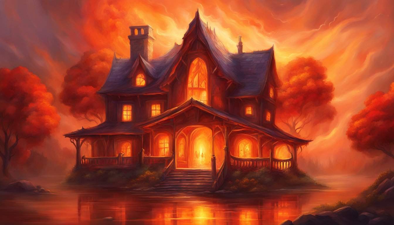 A house engulfed in flames, with fiery red and orange hues illuminating the interior. Smoke billows out of the windows, and the crackling sound of burning wood fills the air