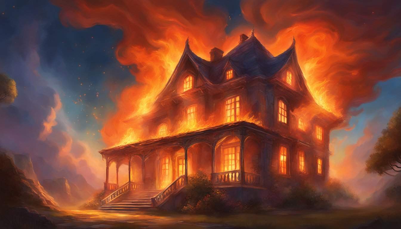 A house engulfed in flames, with smoke billowing out of the windows and the orange glow of fire lighting up the night sky