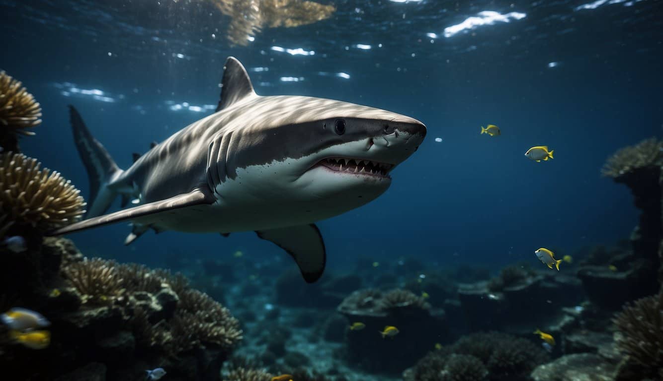 A shark swimming in dark, deep waters, surrounded by other marine life