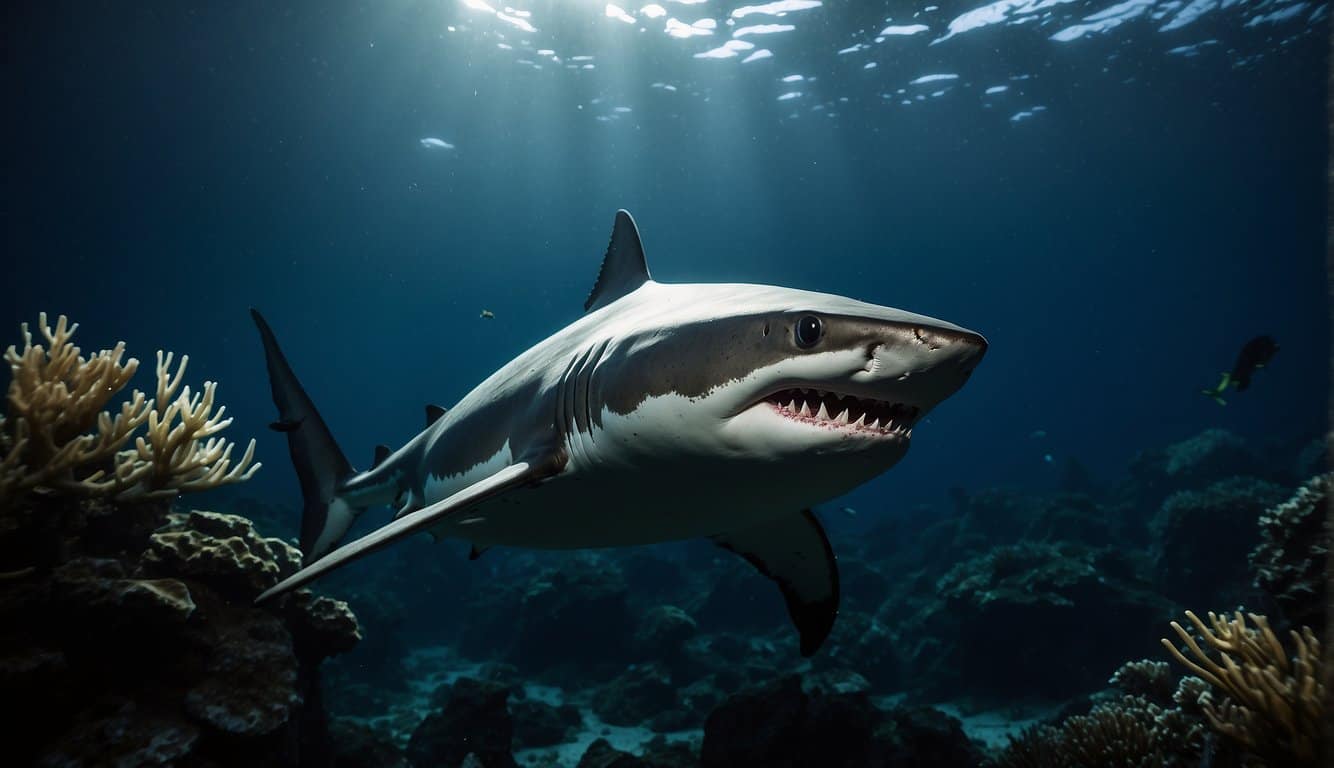 A shark swimming in a dark, murky ocean, surrounded by other marine life. The shark appears powerful and dominant, while the other creatures seem to be wary and avoiding it
