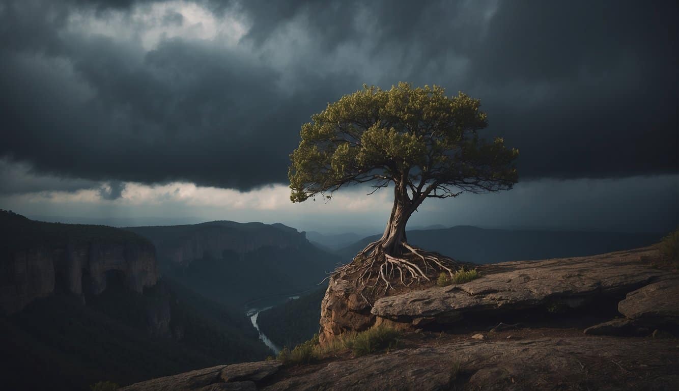 A lone tree stands at the edge of a cliff, its roots exposed as it teeters on the brink. The sky is dark, with storm clouds gathering, and a sense of impending doom hangs in the air