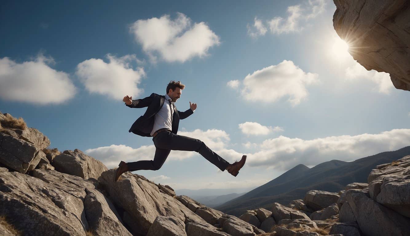 A person falling off a cliff in a dream, with jagged rocks below and a sense of fear and urgency