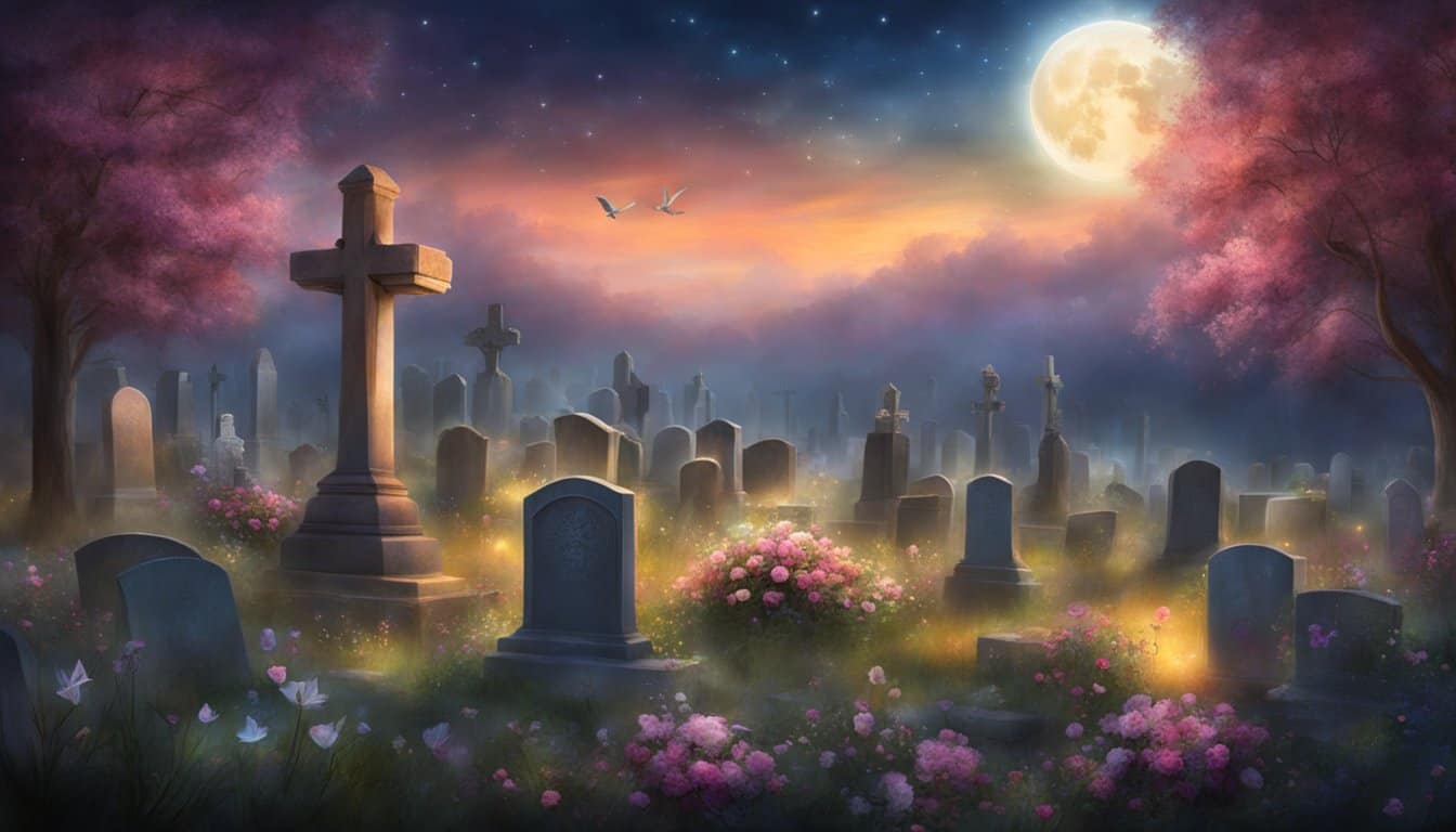 A serene night sky with a glowing moon, casting a soft light on a peaceful graveyard with gravestones and flowers, evoking a sense of connection and remembrance