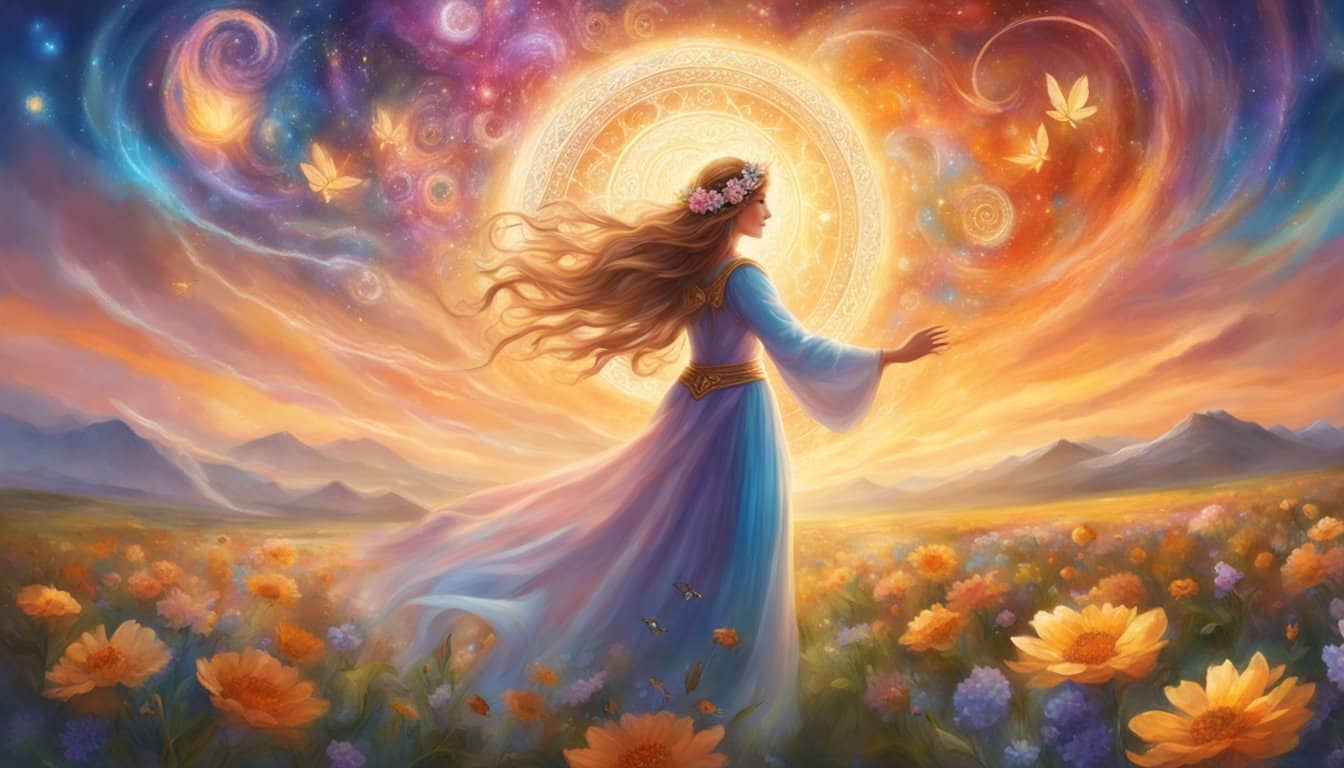 A glowing celestial figure hovers above a field of blooming flowers, surrounded by a swirling vortex of numbers and symbols