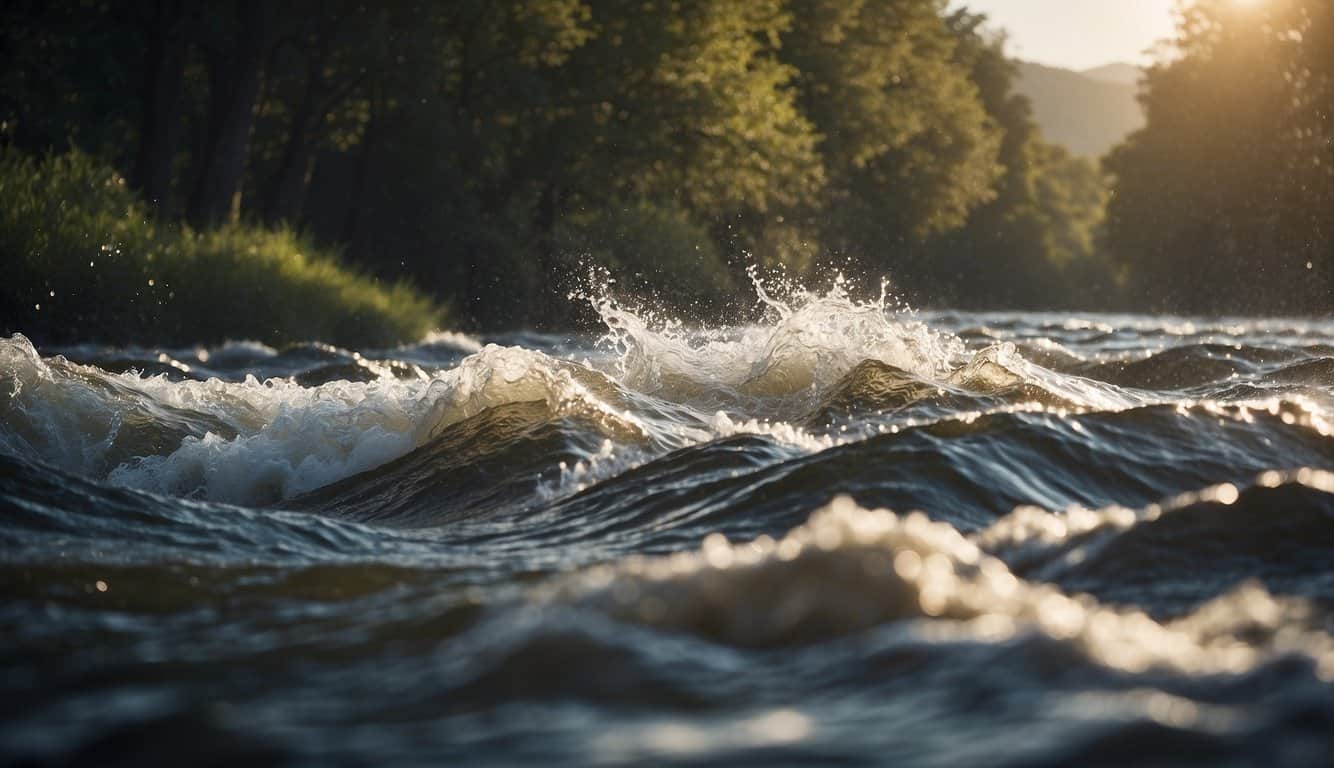 A river overflows, engulfing a landscape in water, symbolizing the overwhelming emotions and subconscious turmoil associated with dreaming about flooding