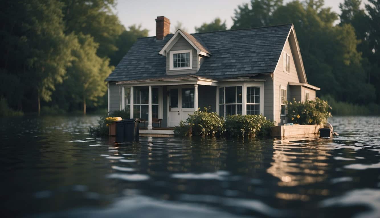 A house submerged in rising waters, with belongings floating away