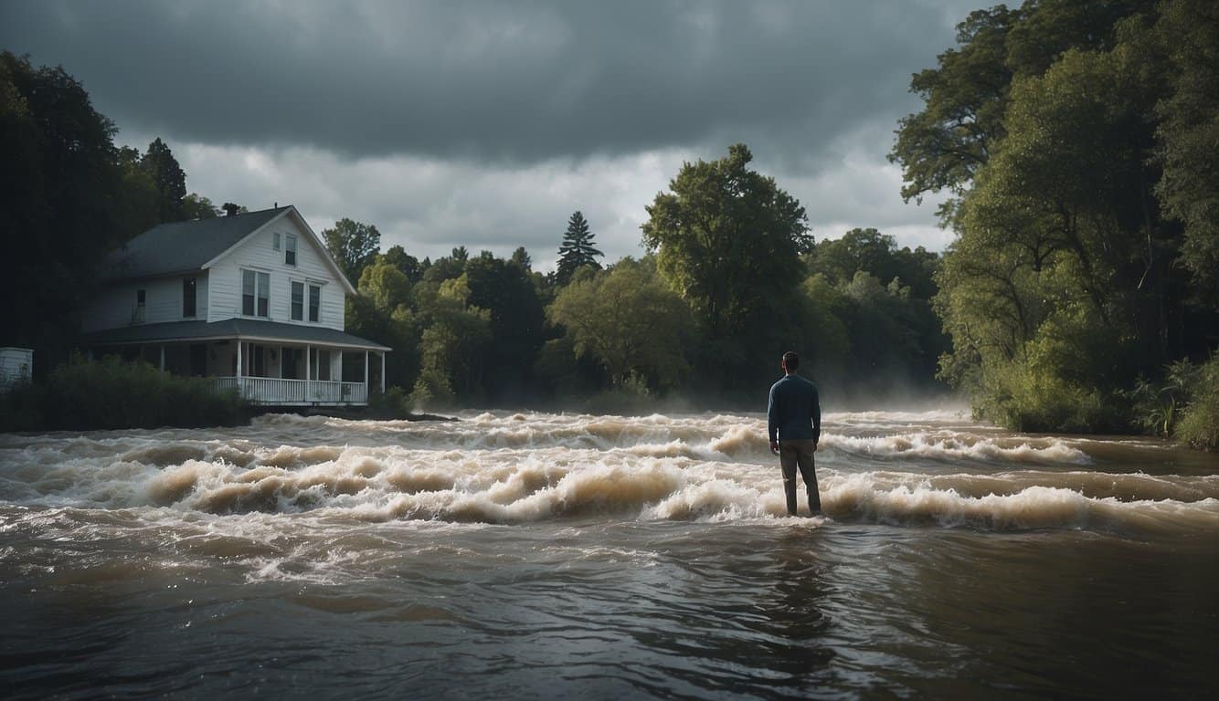 A serene river overflows, engulfing homes and trees. A figure stands on high ground, gazing at the turbulent waters with a mix of fear and awe