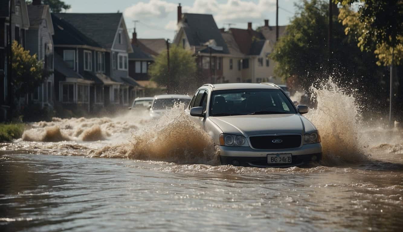 A river bursts its banks, water engulfs a town, houses submerged, people fleeing, cars floating, chaos and destruction