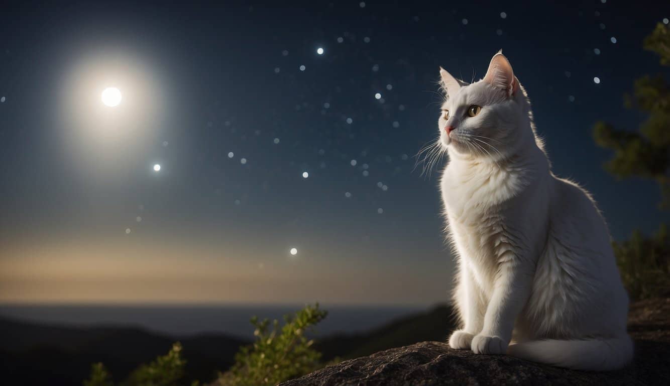 A white cat sits gracefully on a moonlit hill, its eyes glowing with wisdom and mystery. A soft halo of light surrounds it, evoking a sense of ethereal presence and spiritual guidance