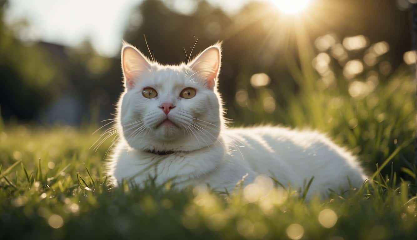 A white cat sits on a grassy knoll, bathed in sunlight. A soft glow surrounds it, emanating a sense of peace and spiritual energy