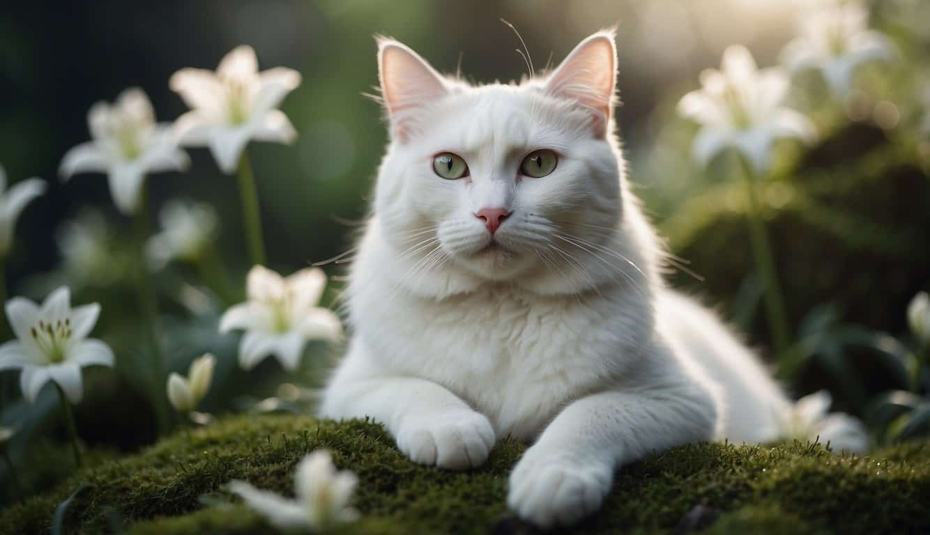 A white cat sits atop a moss-covered stone, surrounded by blooming white lilies and a soft, ethereal glow