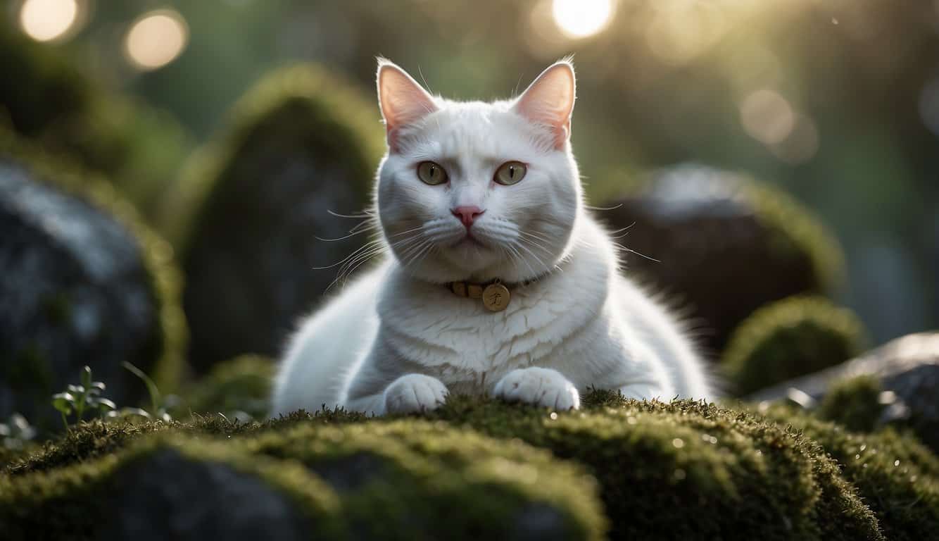 A serene white cat sits atop a moss-covered stone, surrounded by ethereal light and mystical symbols. The cat's eyes hold a knowing gaze, as if it holds the secrets of the universe