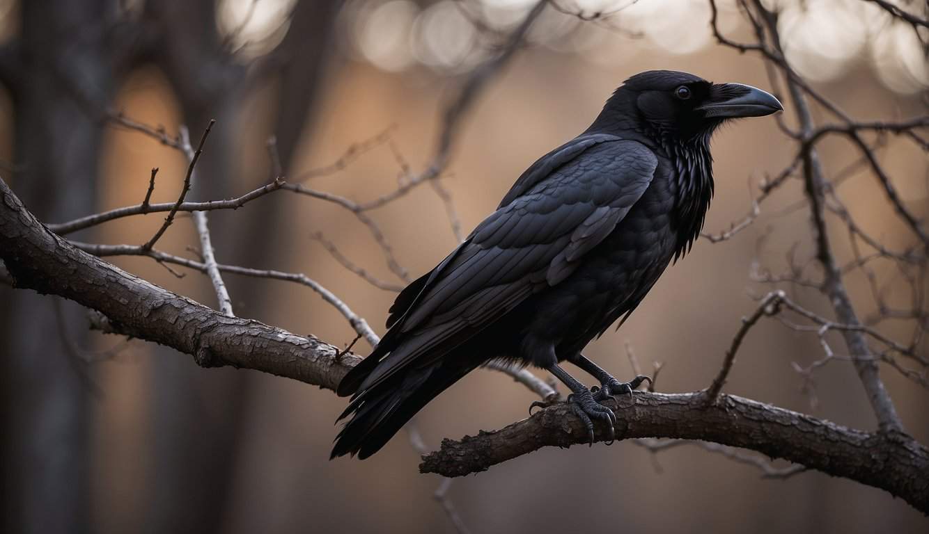 A raven perched on a bare tree branch, its glossy feathers catching the light. A sense of mystery and wisdom emanates from its piercing gaze