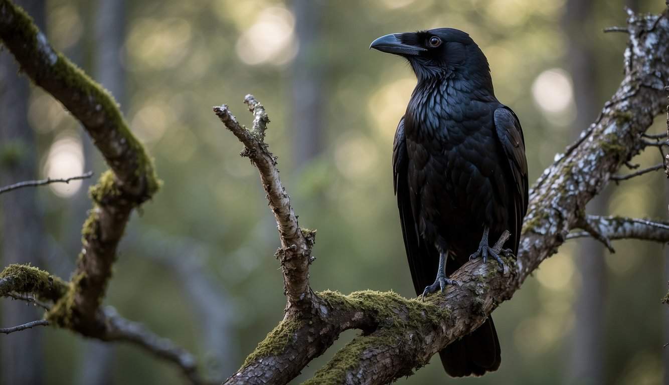 A raven perched on a gnarled tree, its glossy feathers catching the light. A sense of mystery and wisdom emanates from its piercing gaze